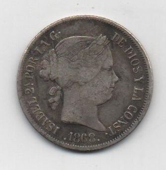 ESPAÑA ISABEL II DEL AÑO 1868 DE 20 CENTIMOS